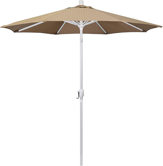 California Umbrella 7.5' Round Aluminum Market Umbrella, Crank Lift, Push Button Tilt, White Pole, Terrace Sequoia Olefin