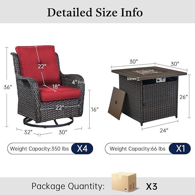 Wicker Patio Conversation Furniture Set All Weather Outdoor Furniture Set with Swivel Rocker Chairs and Fire Pit Table, High Back, 4 Inch Thick Cushions – Brown Wicker/Red Cushion, 5 PCS
