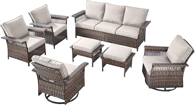 Patio Furniture Set 2 Wicker Swivel Glider Chairs 2 PE Rattan Chairs and 2 Ottomans with Beige Cushions Patio PE Rattan Side Table Brown Wicker Patio Conversation Set 7pcs