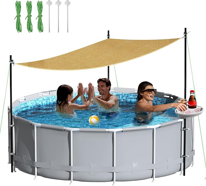 Above Ground Pool Canopy Sunshade Set with Storage Tray - Pool Shade Sail Triangular 13'x13'x13' for 15-22 FT Pools, UV-Resistant Shade Cloth, Swimming Pool Awning Cover for Deck, Patio, Garden