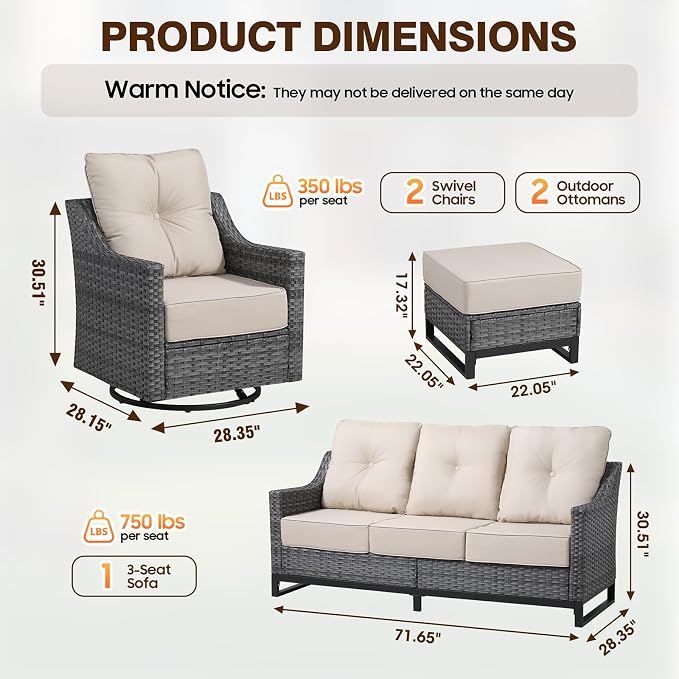 5 Piece Patio Furniture Set,360°Swivel Glider Patio Chairs Set of 2,Sofa and 2 Ottomans,All-Weather Wicker Patio Set Comfortable Seating with 6 Inch Thick Cushions for Porch Deck Balcony Garden