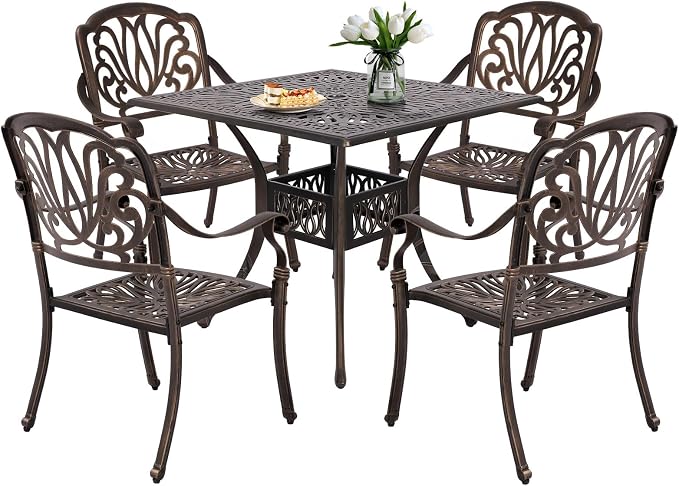 Grepatio 5 Piece Cast Aluminum Patio Dining Set Outdoor Furniture Set 4 Patterned Back Chairs and 1 Large Square Table with 2.4" Umbrella Hole Outdoor Furniture Dining Set for Patio Garden