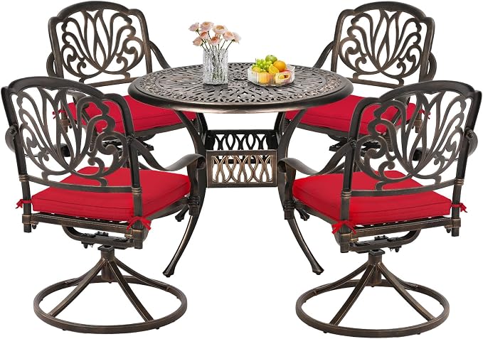 TITIMO 5-Piece Cast Aluminum Outdoor Patio Dining Set, 4 Pattern Chairs and Table, Cast Aluminum Conversation Set with 2.2” Umbrella Hole, 1 Round Table and 4 Swivel Chairs with Cushions (Red)