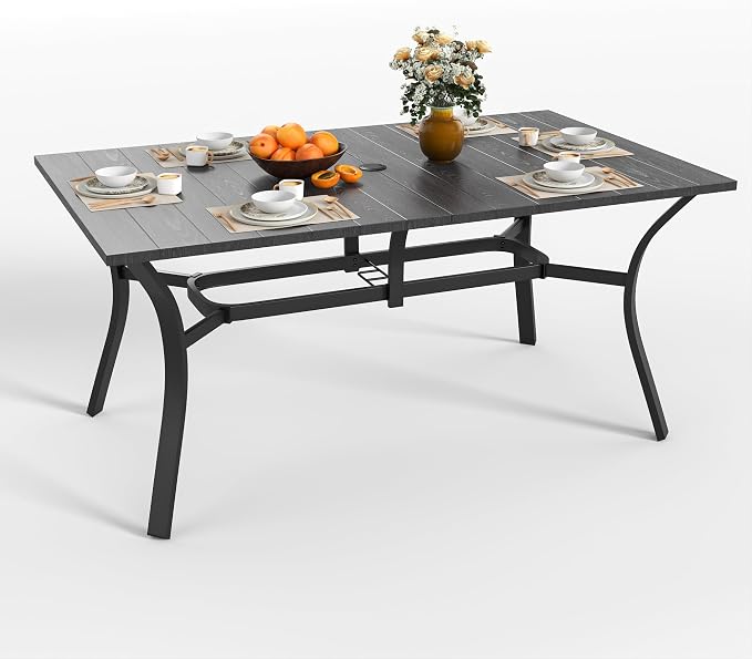 KEIKI 7-Piece Outdoor Patio Dining Set, Waterproof Patio Table and Chairs for 6, 63" x 38" Rectangular Metal Table with Umbrella Hole for Lawn Garden Backyard, Black+Navy Blue