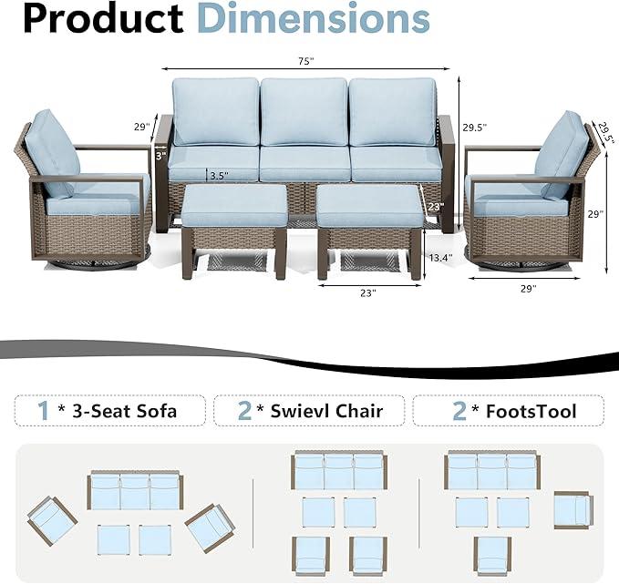Outdoor Patio Furniture Set, 5 Piece Wicker Patio Conversation with Deep Seating, Thicken Cushions, Outdoor Swivel Rocker Patio Chairs, Metal Outdoor Furniture for Deck, Porch, Yard Use