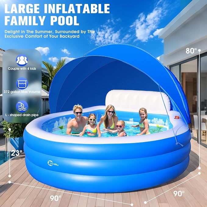 2026 Extra Large Upgraded Inflatable Pool with Canopy,Inflatable Family Lounge Pool,Round Blow Up Pool for Adult with Bench&Backrest,Swim Center Easy Backyard Pools for Kids & Adults90*90"*80"