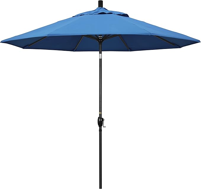 California Umbrella 9' Round Aluminum Market Umbrella, Crank Lift, Push Button Tilt, Black Pole, Pacifica