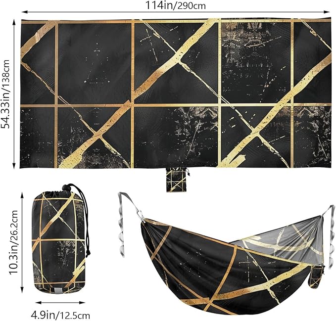 Black and Gold Plaid Geometric Lines 330lb Capacity Hammocks for Camping with Tree Straps Indoor Hammock for Indoor Outdoor Patio hamaca de Algodon para Jardin