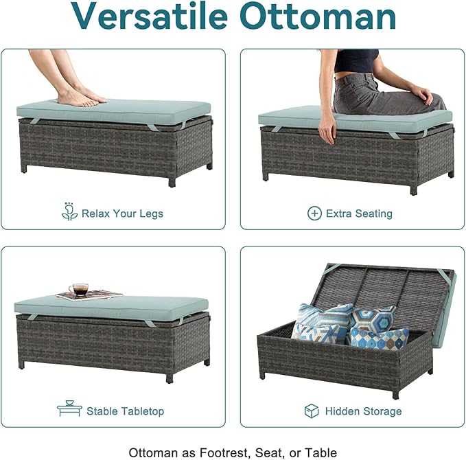 OC Orange-Casual 2-Piece Outdoor Patio Furniture Wicker Love-seat and Coffee Table Set, with Built-in Storage Bin, Grey Rattan, Green Cushions