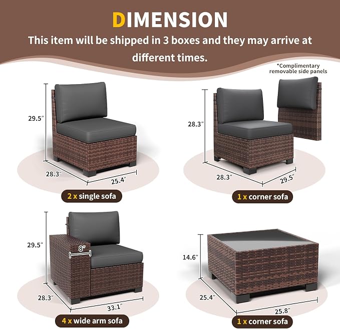 Outdoor Patio Furniture Set, 8‘’ Wide armrest Outdoor Sectional Rattan Sofa Set, Wicker Patio Furniture Sets w/Coffee Table,Thick Cushions for and Cover for Porch, Deck,8 PCS(Brown&Grey)