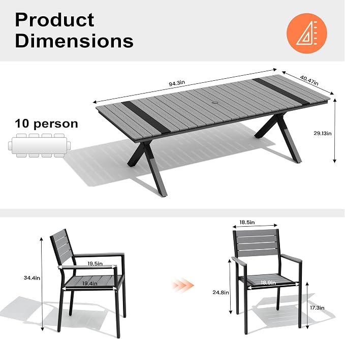 Pellebant 11 Piece Patio Table and Chairs Set for 10, Aluminum Outdoor Dining Set with Umbrella Hole, Stackable Dining Chairs & 94" Dining Table, Grey(TD063)