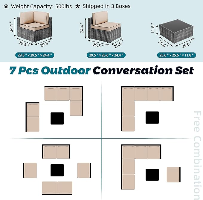 SUNLEI Outdoor Patio Furniture Set 7 Pcs, Rattan Balcony Furniture with Backrest Glass Table & Washable Cushions with Sectional Design Small Conversation Patio Set (Silver/Khaki)