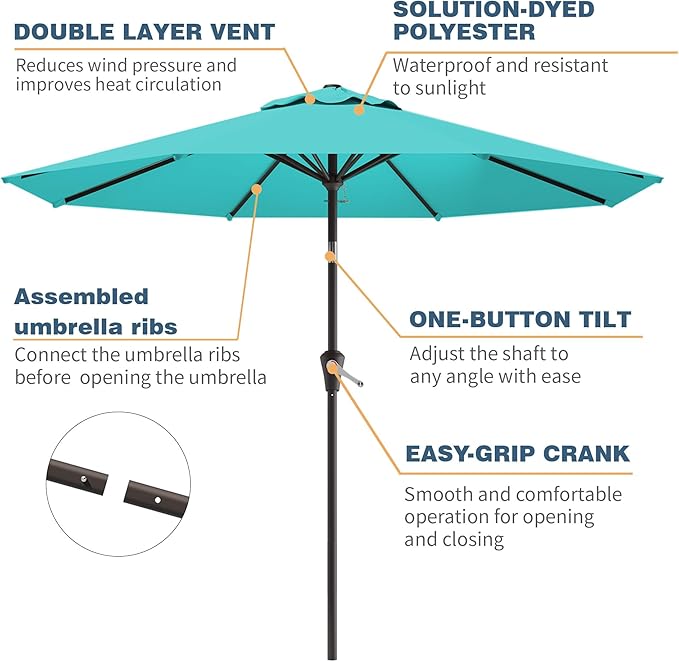 10FT Patio Umbrella, Outdoor Umbrella with Push Button Tilt and Crank, 8 Sturdy Ribs, UV Protection & Waterproof Market Umbrella for Pool, Backyard, Beach,Deck (Peacock Blue)
