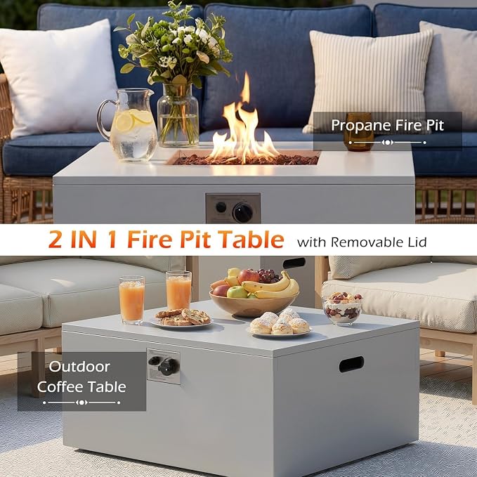 ECOTOUGE 8-Piece Half-Moon Curved Patio Furniture Set with Fire Pit Table, Wicker Rattan Sectional Sofa with Thick Cushions, Outdoor Conversation Set for Backyard Garden No Tank Cover(Beige, Grey)