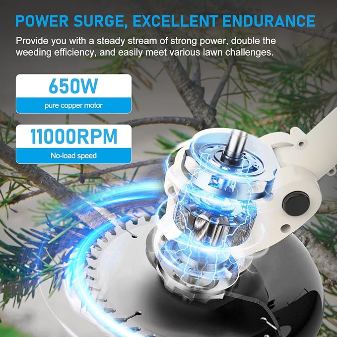 ALSO GO Cordless Weed Wacker Electric Grass Trimmer 24V Battery Powered Weed Trimmer, 3-in-1 Brush Cutter Weed Cutter Lawn Edger with 5 Types Blade & Wheels Lightweight for Garden and Yard Lawn-White