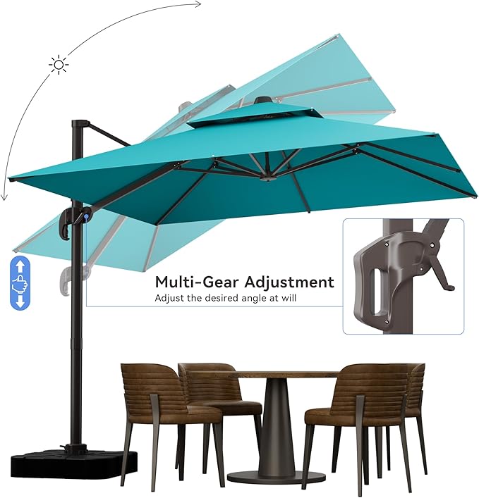 10x10FT Turquoise Cantilever Outdoor Patio Umbrella with Base, Large Square Offset Design, Double Top Heavy Duty Aluminum Frame & 360° Rotation for Pool Garden Deck Backyard