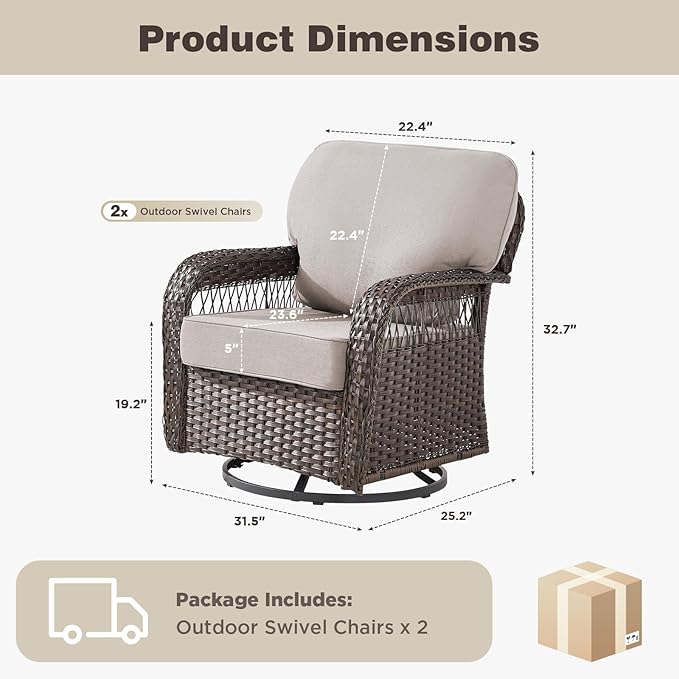 Belord Patio Chairs Set of 2, Wicker Swivel Rocker Outdoor Chairs for Deck Porch Garden, 2 Piece Luxury Patio Furniture Set,Beige