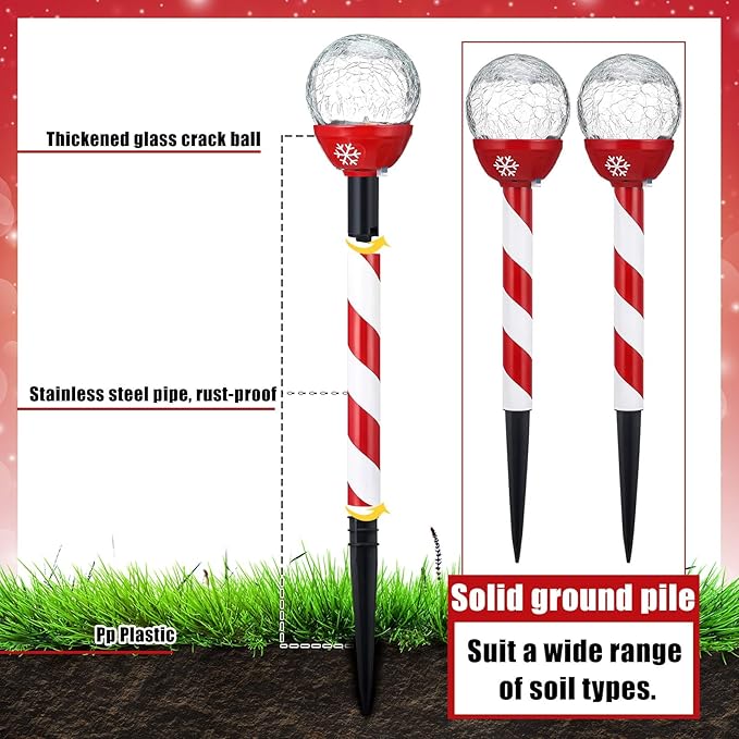 Tujoe 6 Pcs Christmas Solar Pathway Lights Outdoor Stainless Steel Solar Candy Cane Path Torch Lights for Yard Patio Garden Outside Walkway Driveway Landscape Stakes Xmas Outdoor Decorations