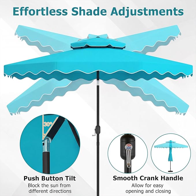 Happygrill 10 FT Patio Umbrella, Scalloped Outdoor Table Market Umbrella with Push Button Tilt & Crank, 2-Tier Vented Top, Heavy-Duty 8 Metal Ribs, Sun-Protective Canopy, Ruffle for Deck Pool Garden (Turquoise)