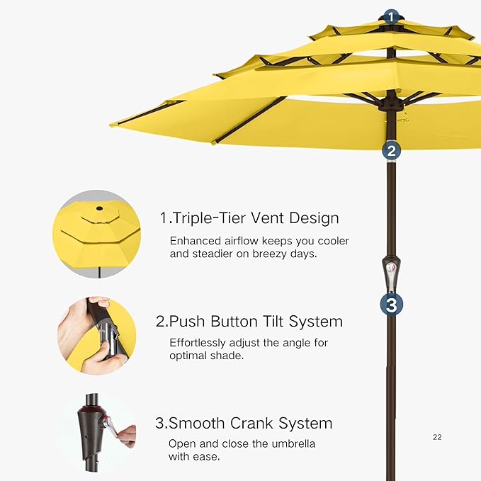Kingdura 10ft 3-Tier Patio Umbrella, Outdoor Table Umbrella with Easy Crank & Tilt, 8 Reinforced Ribs, UV Protection for Deck, Pool, Market, Backyard (Yellow)