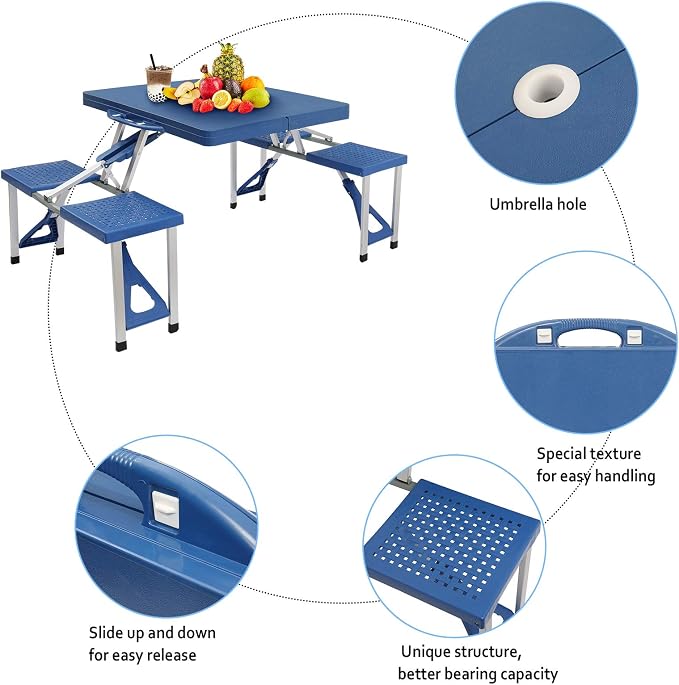 4FT Portable Folding Camping Picnic Table with Seats Chairs and Umbrella Hole, Lightweight Compact Aluminum Outdoor Camping Patio Fold Up Card Suitcase Table with Carry Handle