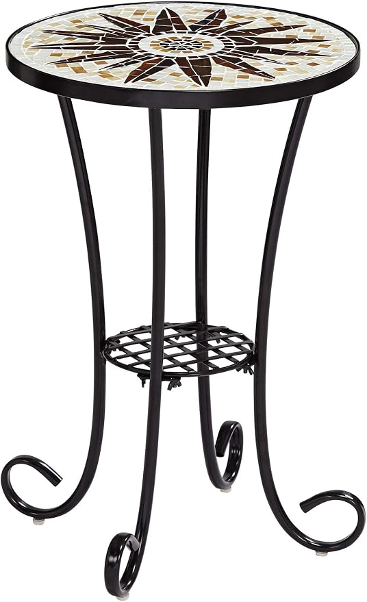 Teal Island Designs Sunburst Modern Black Metal Round Outdoor Accent Side Table 14" Wide Brown Mosaic Tabletop Gracefully Curved Legs for Spaces Front Porch Patio Home House Balcony Deck Shed Yard