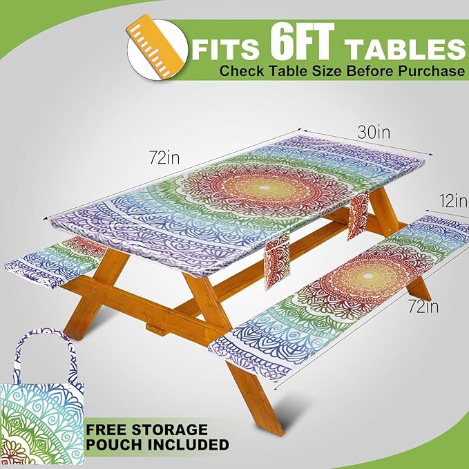 Picnic Table Cover with Bench Covers Vinyl Elastic Edges Fitted Rectangle Seat Tables Waterproof 3-Piece72X30in Set Outdoor Rectangular Folding Backing Tablecloth for Camping Over Size