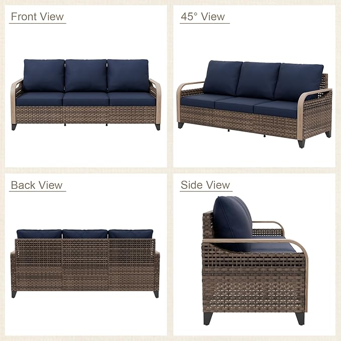 Modern Wicker Patio Furniture Set, Rattan Outdoor Conversation Set with Comfortable Cushions, 2 Patio Chairs, 3 Seat Couch and Coffee Table, 4 Pieces, Brown/Blue