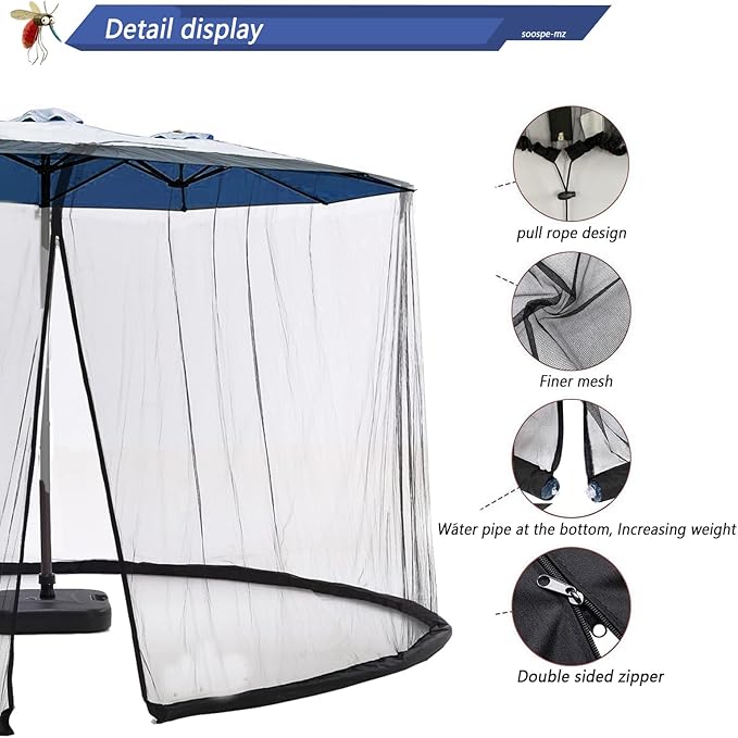 Mosquito Netting For 13/14/15FT Patio Umbrella Double-Sided, Screen Walls Zipper Double Door Black