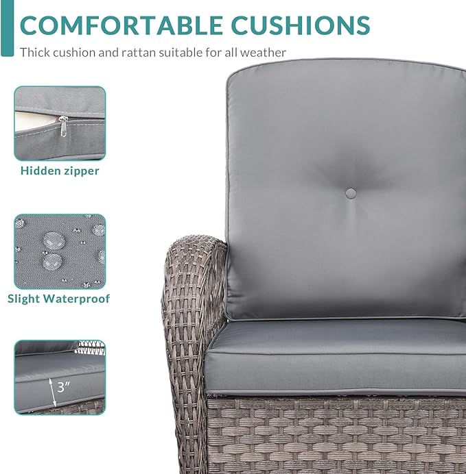 MEETWARM 3 Pieces Outdoor Patio Wicker Rocking Glider Set, Rocking Chairs Rattan Patio Furniture Sets with Glass-Top Coffee Table and Thickened Cushion, Conversation Bistro Set, Gray