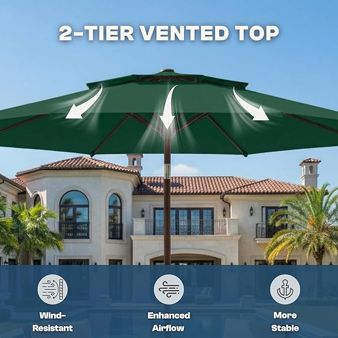 Outdoor Patio Umbrella, 2 Tiers Market Table Umbrella with 8 Sturdy Ribs, Push Button Tilt and Crank, UPF50+ UV Protection for Deck, Pool, Garden and Backyard