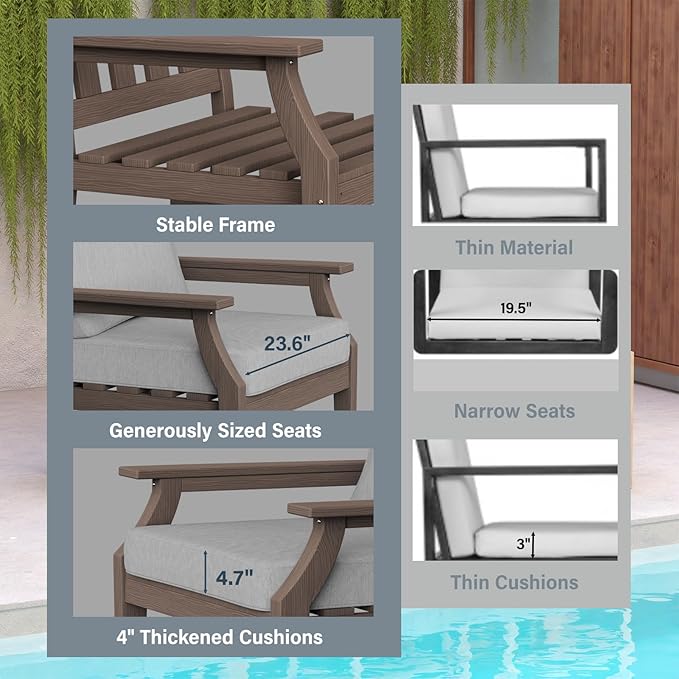 HDPE Patio Conversation Set, 6-Piece All Weather Outdoor Furniture Set with 2 Single Armchairs for Deck, Lawn, with Cushion, Brown
