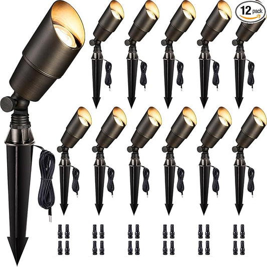 Gardenreet LED Spot Light Outdoor - Die-Cast Brass 12V Uplighting Waterproof, Low Voltage Landscape Lights Metal, Bronze for Fence Fountain Without MR16 Bulbs (12 Pack)