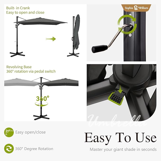 Sophia & William Cantilever Patio Umbrella 9x12ft, Large Outdoor Umbrellas with Crank Handle, 6-Level Tilt,360° Rotation, Windproof, Crashproof,Design for Pool Garden Backyard (Grey)