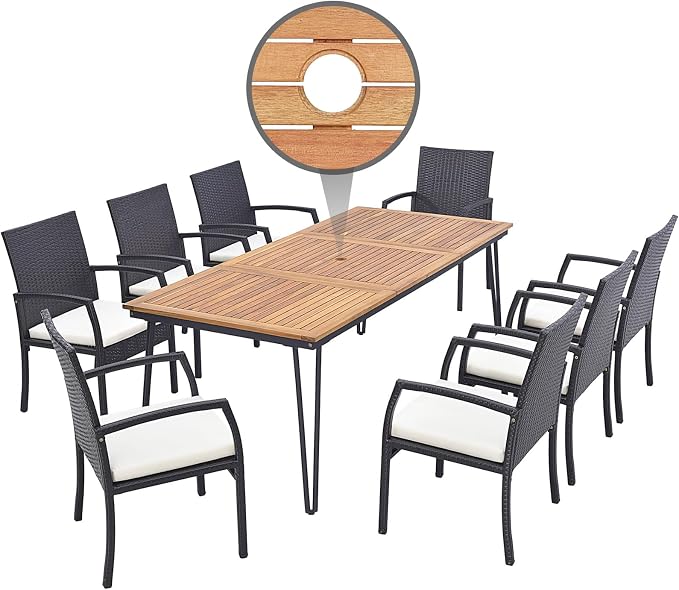 9 Pieces Patio Rattan Dining Set with Acacia Wood Table, Heavy Duty Outdoor Table and Chairs Set with Soft Cushions and 1.9 Inches Umbrella Hole, for Backyard, Garden and Poolside
