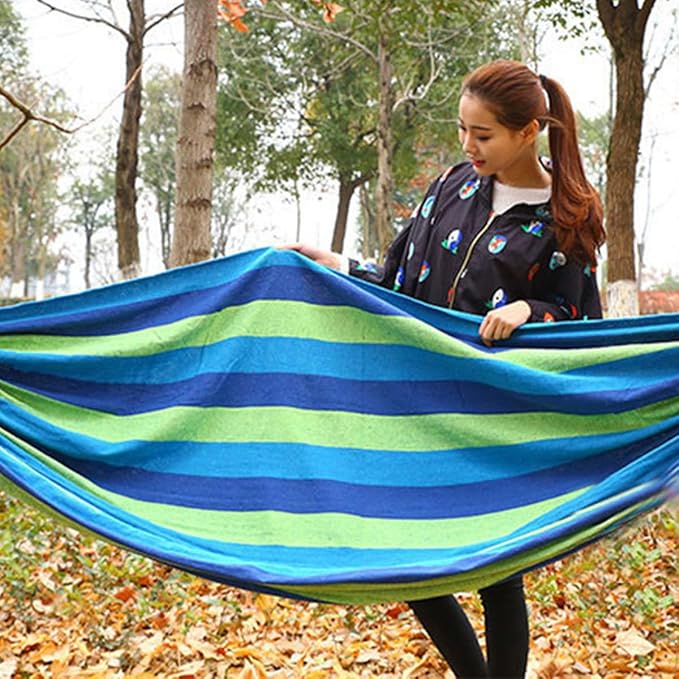 Angoily Double Thick Canvas Hammock for Adults, Outdoor Travel and Camping Swing with 150x190cm Size, Blue Portable Garden Hammock with Storage Bag and Hanging Ropes