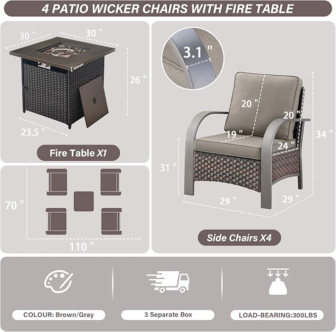 Belord 5 Piece Patio Furniture Set with Fire Pit Table - Outdoor Conversation Set with Propane Fire Pit and 4 Wicker Chairs for Backyard Patio or Casual Gathering Brown