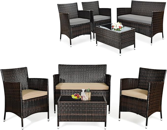 Tangkula 4-Piece Rattan Patio Furniture Set, w/Tempered Glass Coffee Table, Outdoor Sofa Table Set, w/Thick Cushion, Manual Weaving Conversation Set for Garden, Lawn, Poolside (1, Beige & Grey)