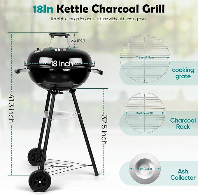 HaSteeL 18 Inch Charcoal Grill, Black Kettle Outdoor Barbecue Grill, 2-In-1 Portable BBQ Grill with Wheels for Camping Backyard Patio Picnic, Porcelain-Enameled Lid & Fire Bowl, 254.SQ.IN Cooking Area