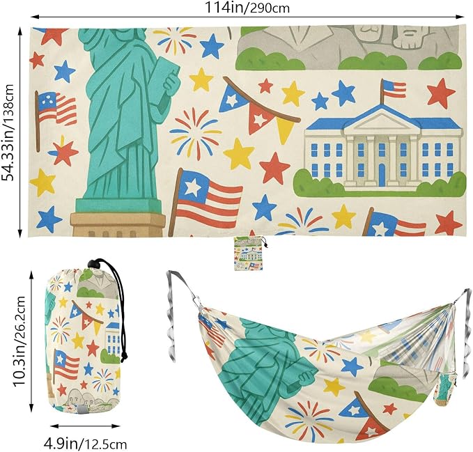 4th_July_Landmarks_Picture_Book_Pattern Outdoor Hammocks with Tree Straps Tree Hammock for Patio Backyard Lounge Base