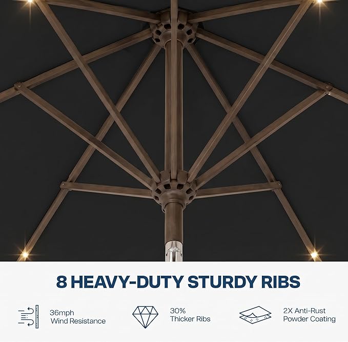 10FT Solar Patio Umbrella with Lights, Outdoor Table Market Umbrella with 32 LED Lights, 8 Sturdy Ribs, Push Button Tilt and Crank for Pool, Deck and Garden, UV-Resistant