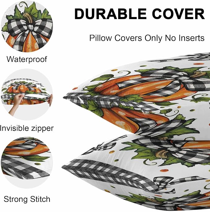 Orange Pumpkins Outdoor Waterproof Pillow Covers, Polka Dot Bow Fall Maple Leaves Plaid Decorative Square Throw Pillowcase Sofa Cushion Sham for Patio/Couch/Chair, 18"x18" 2 Pack