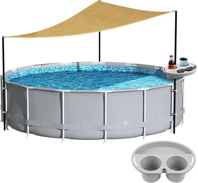 Above Ground Pool Shade Set with Storage Tray – UV-Resistant Shade Sail for 15-22 Ft Pools, Outdoor Triangular Canopy with Sun Shade Poles for Deck, Backyard & Pool Essentials (13x13x13 Ft)