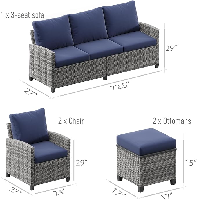 5 Piece Patio Furniture Set, All Weather Outdoor Sectional Set, Wicker Outside Furniture Patio Sofa Set for Backyards, Porch, Poolside, Garden, Balcony (Gray & Blue)