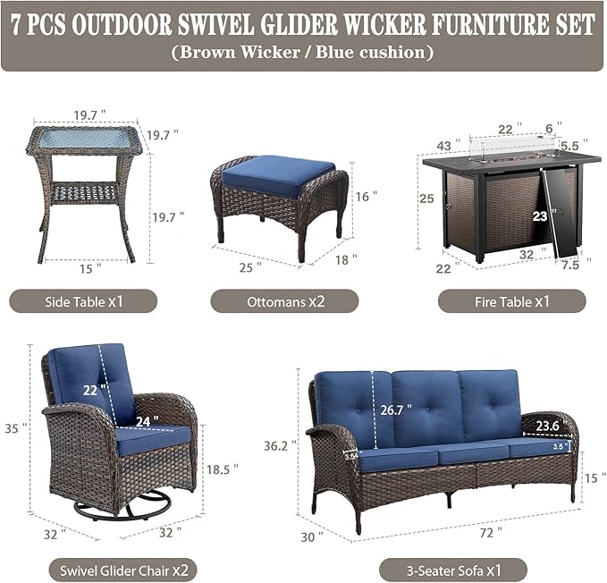 Belord 8 Piece Patio Furniture Set with 43" Fire Pit Table - Wicker Patio Conversation Set with Swivel Rocker Chairs and Sofa for Deck Outside Backyard Brown