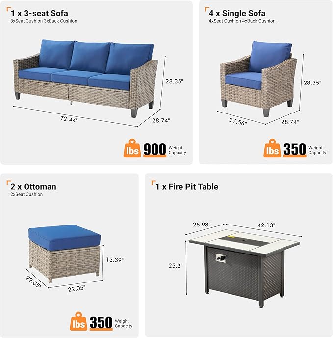 6 PCS Outdoor Patio Furniture 42in Set with Fire Pit Table, All-Weather Rattan Wicker Conversation Group with Deep Seating, Armchairs & Ottoman, High Back Comfort for Porch, Backyard, Blue