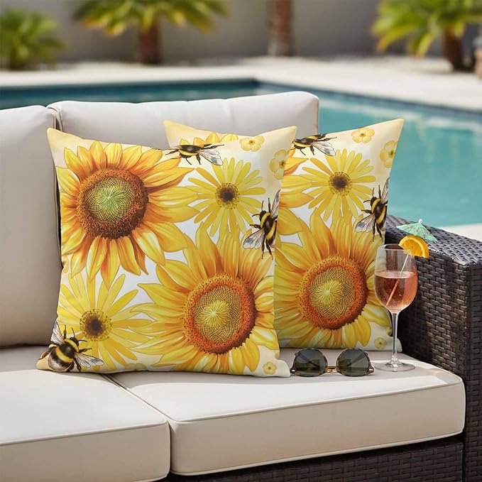 Outdoor Throw Pillow Covers,Rustic Sunflower Yellow Flower Waterproof Decorative Pillowcases Cushion Cover Spring Farmhouse Floral Bee Pillow Cases for Patio Couch Sofa Bed,26x26in Set of 2