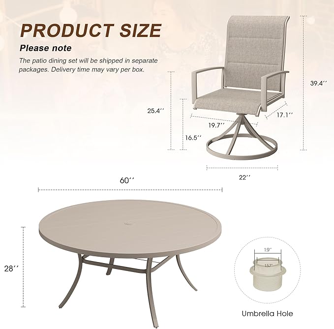 VICLLAX 9 Pieces Outdoor Dining Set, Patio Furniture Set Includes 60" Round Metal Table W/ 1.9" Umbrella Hole and 8 Padded Textilene Swivel Chairs for Porch, Lawn, Garden, Backyard