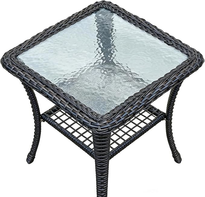 Outdoor Glass Side Table, End Table with Glass Top, Patio Coffee Bistro Table for Indoor Garden Porch Balcony (Black, Square 18x18x23in)