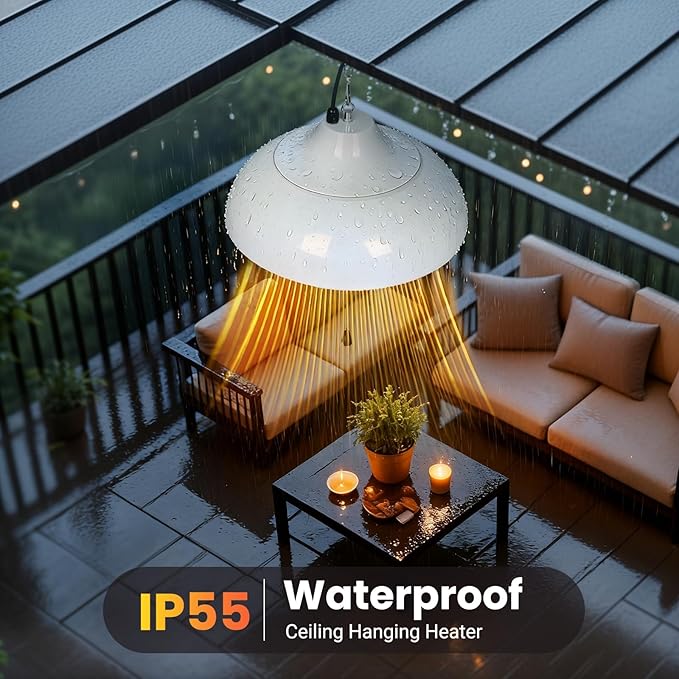 Electric Outdoor Heater for Patio, 1500W Infrared Heater for Indoor & Outdoor, IP55 Waterproof, Fast Heating, Tip-Over Protection, Perfect for Garden, Balcony, Garage (white, hanging)
